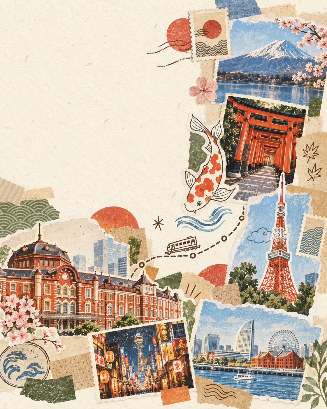 东京、富士山、京都、大阪与横滨地标组成的日本旅行手帐拼贴